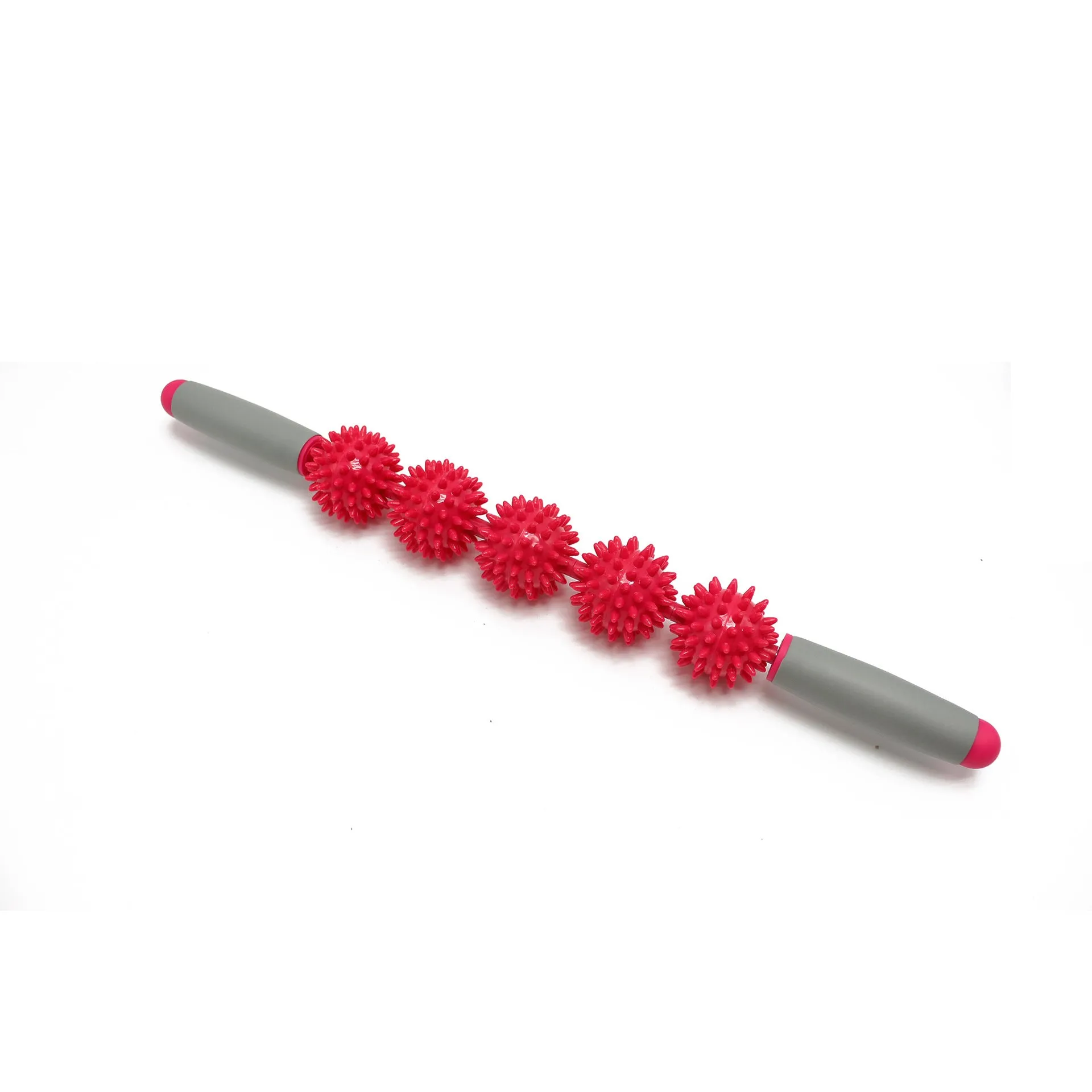 Anti cellulite massager stick with hedgehog-shaped balls and green padded ergonomic handles on a white background