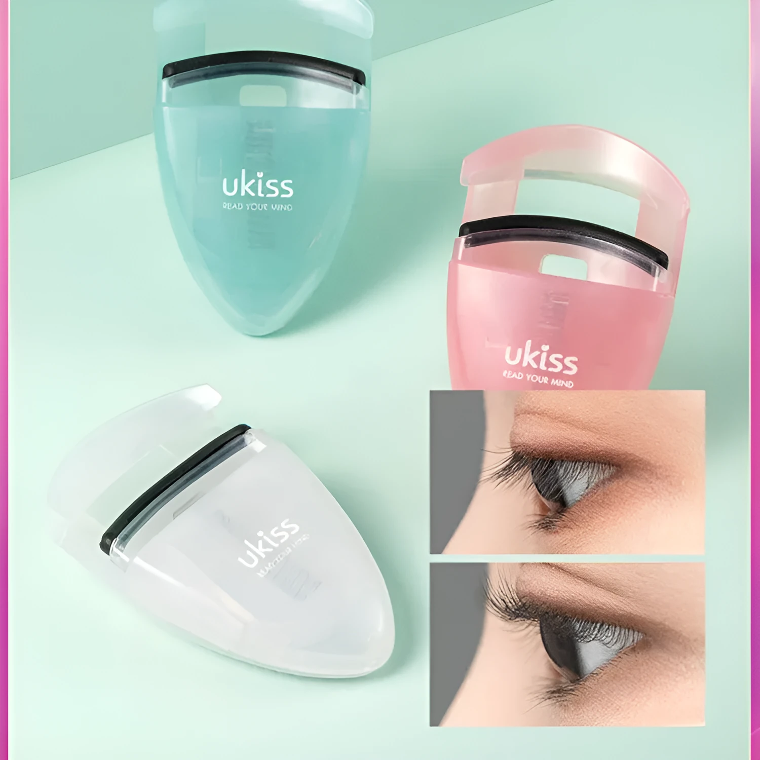 Mini portable eyelash curler in white with silicone pad and stainless steel arm