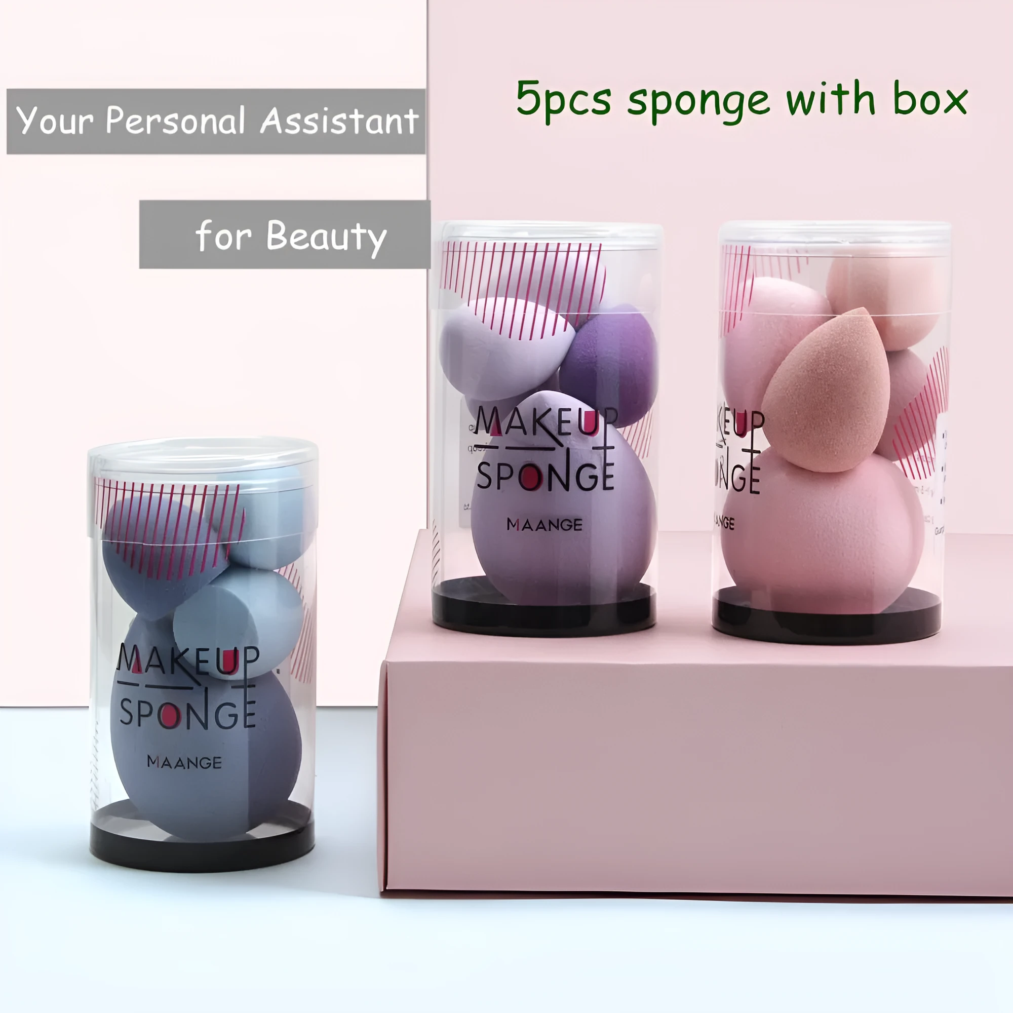 5 pack mini beauty eggs makeup sponges in blue, pink, and purple with multi-surface design