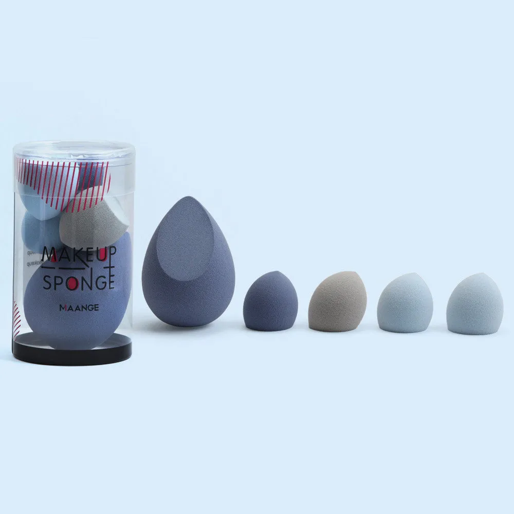 5 pack mini beauty eggs makeup sponges in blue, pink, and purple with multi-surface design