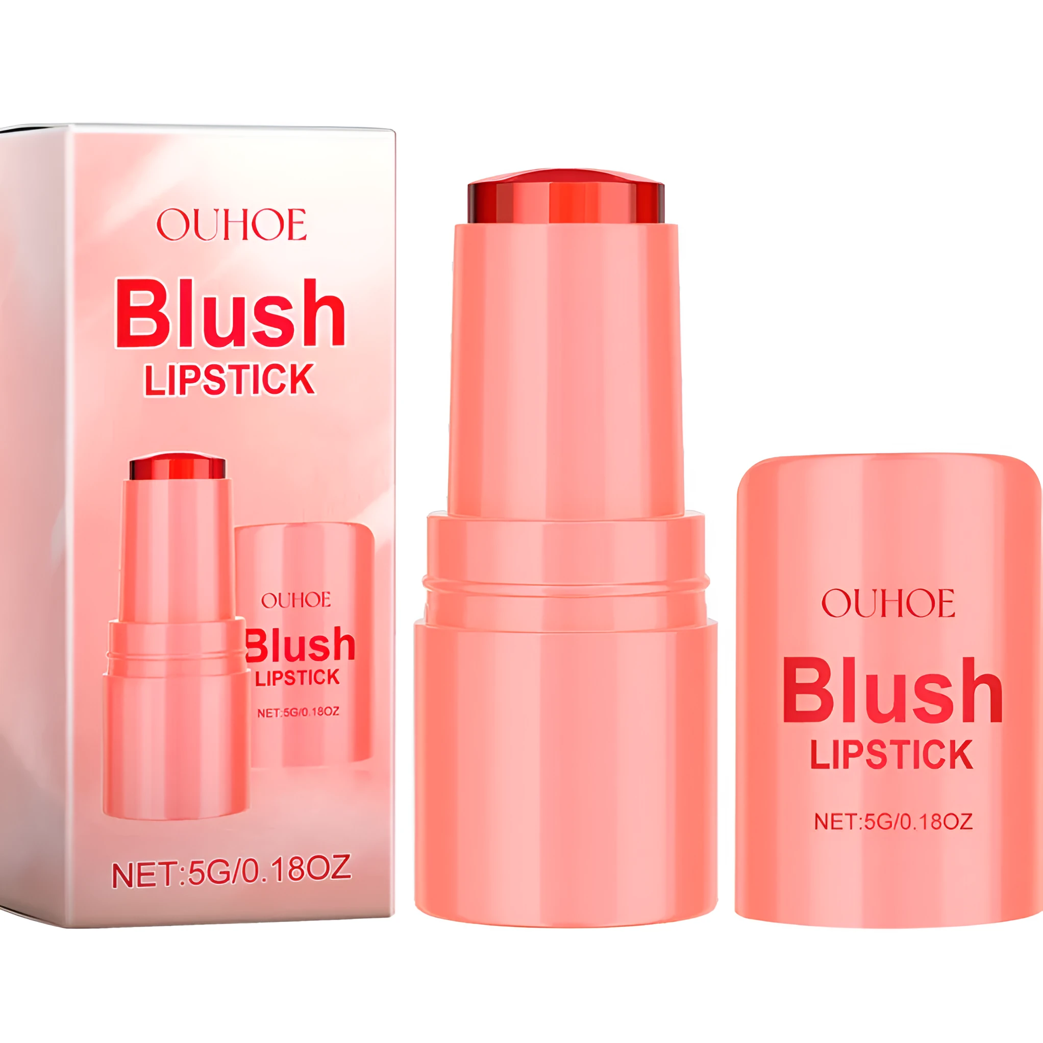 Coral colour blush lipstick with glycerin and aloe extract in compact 6.1 cm packaging