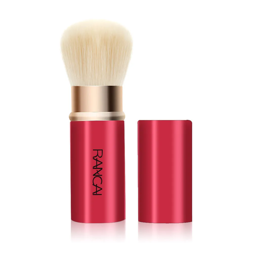 Mini retractable makeup brush with aluminium tube and fibre wool bristles, 9cm long, black colour
