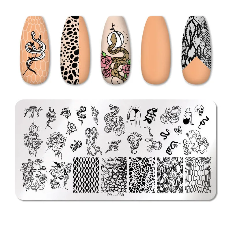 Stainless steel nail printing plate with engraved designs and blue protective film