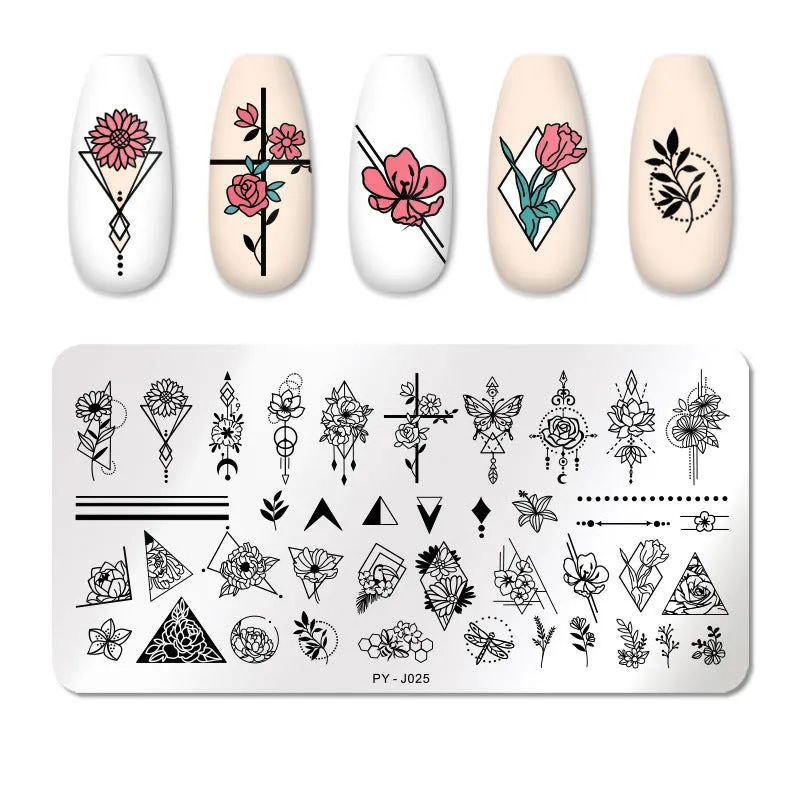 Stainless steel nail printing plate with engraved designs and blue protective film