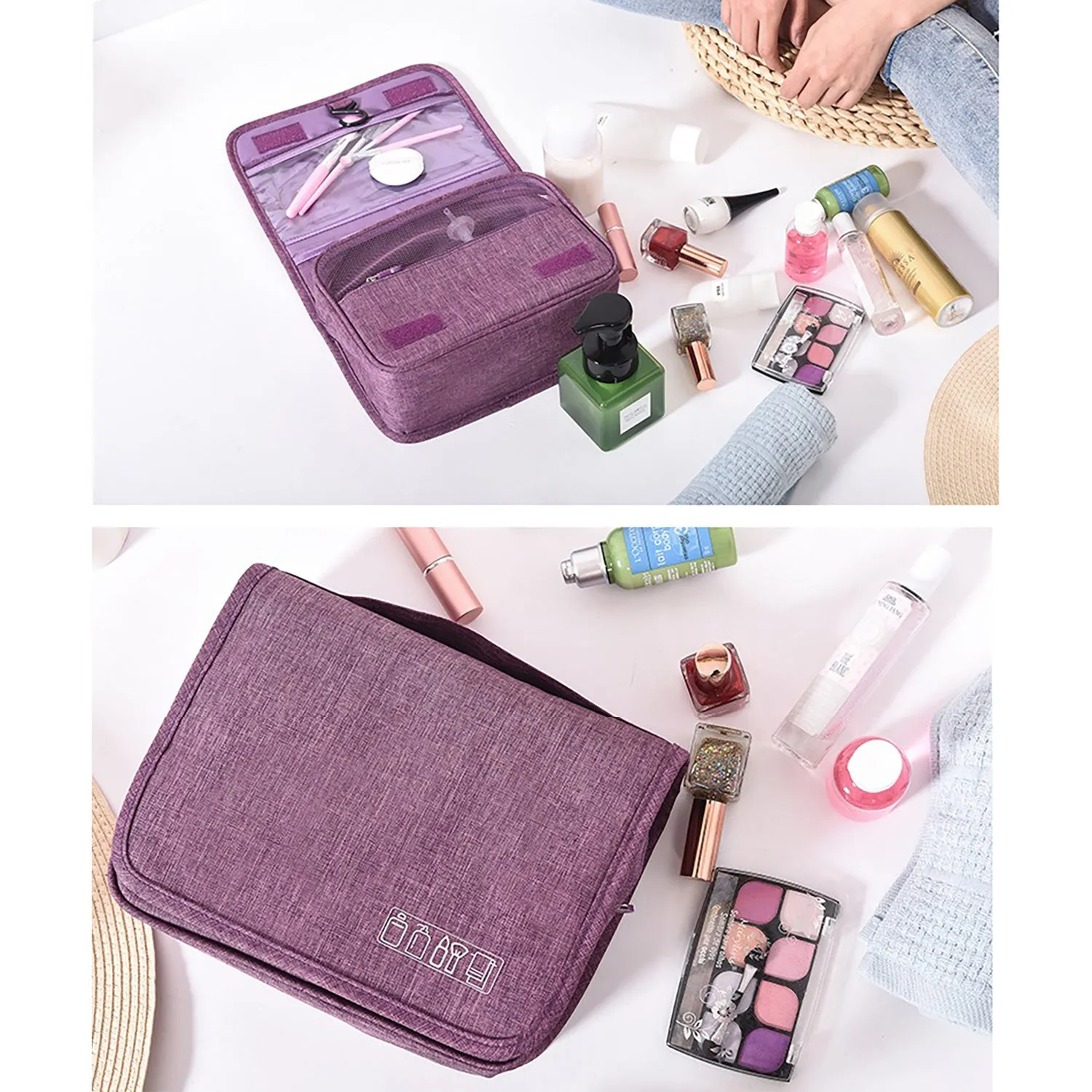 Large waterproof hanging toiletry bag in black with four compartments and metal hook