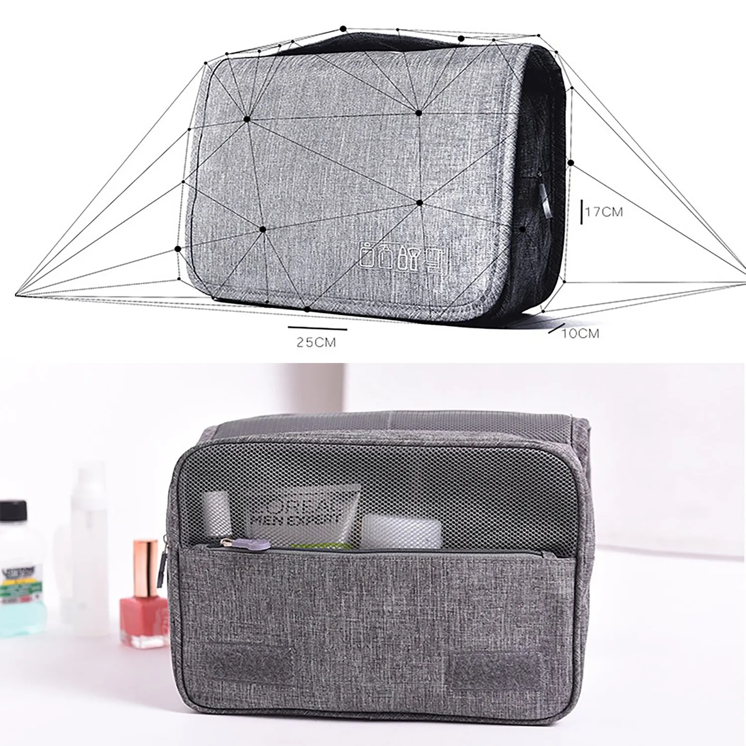 Large waterproof hanging toiletry bag in black with four compartments and metal hook