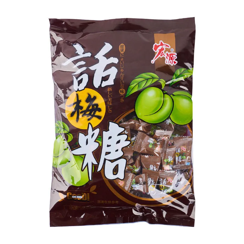 Assortment of Chinese fruit hard candies: plum sugar, guava and tangerine peel flavours in separate packets.