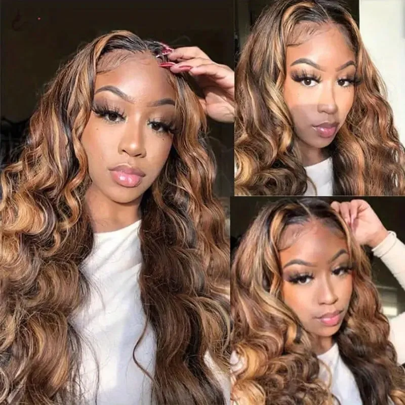 Women's big wave long curly highlight wig in medium curly piano colour on a mannequin head