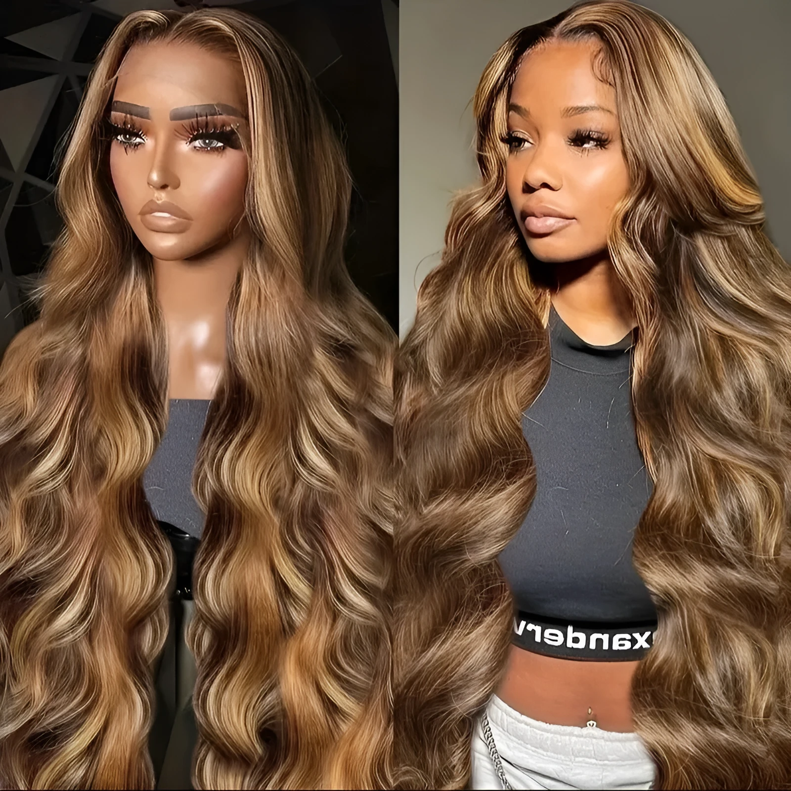 Women's big wave long curly highlight wig in medium curly piano colour on a mannequin head
