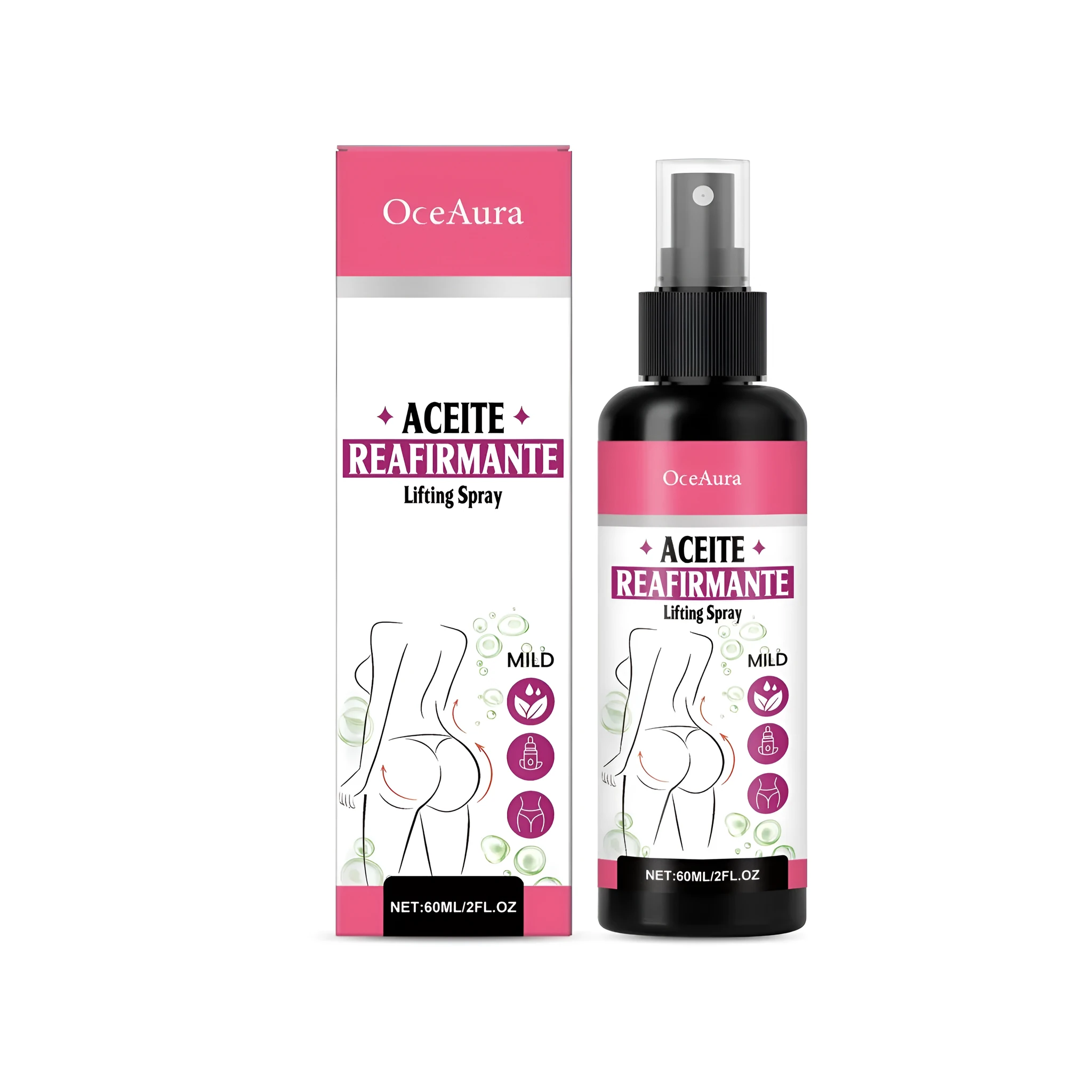 Hip Lift Firming Spray 60ml bottle with spray nozzle, packaging shows ginger and glycerin ingredients