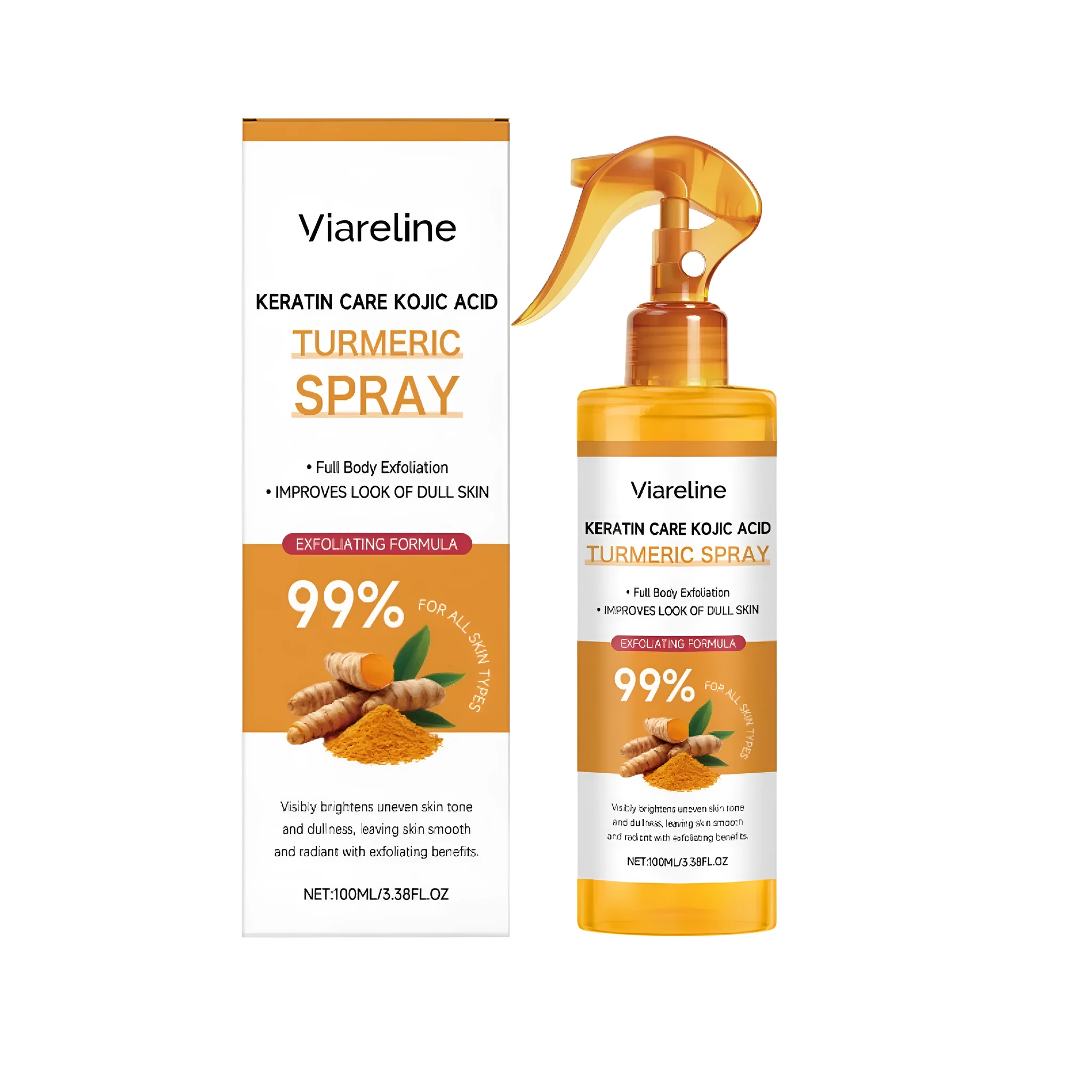 Turmeric Exfoliating Spray 100ml bottle with ingredients including salicylic acid and kojic acid for face exfoliation and brightening