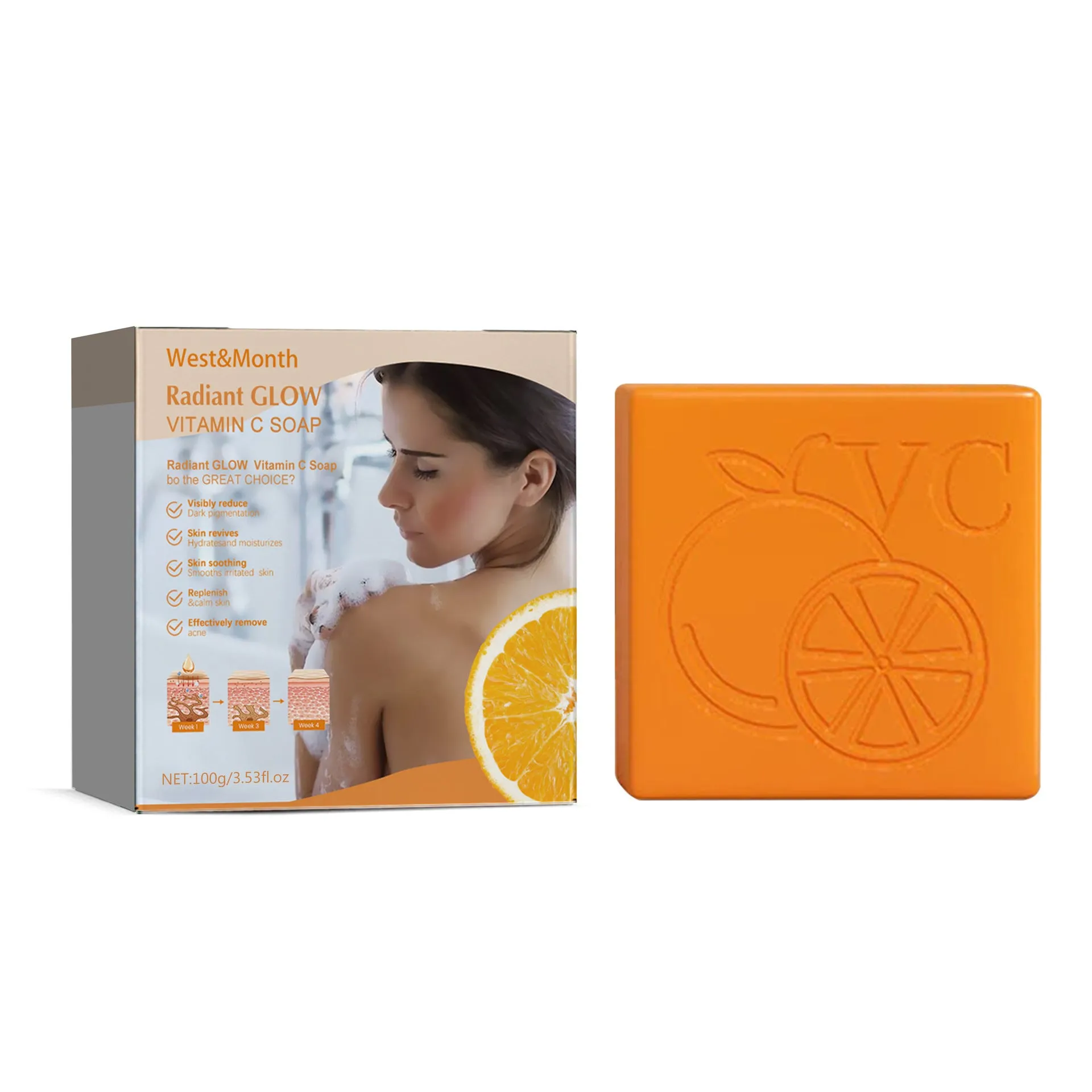 A single 100g whitening vitamin soap bar with kojic acid and botanical extracts for body care.