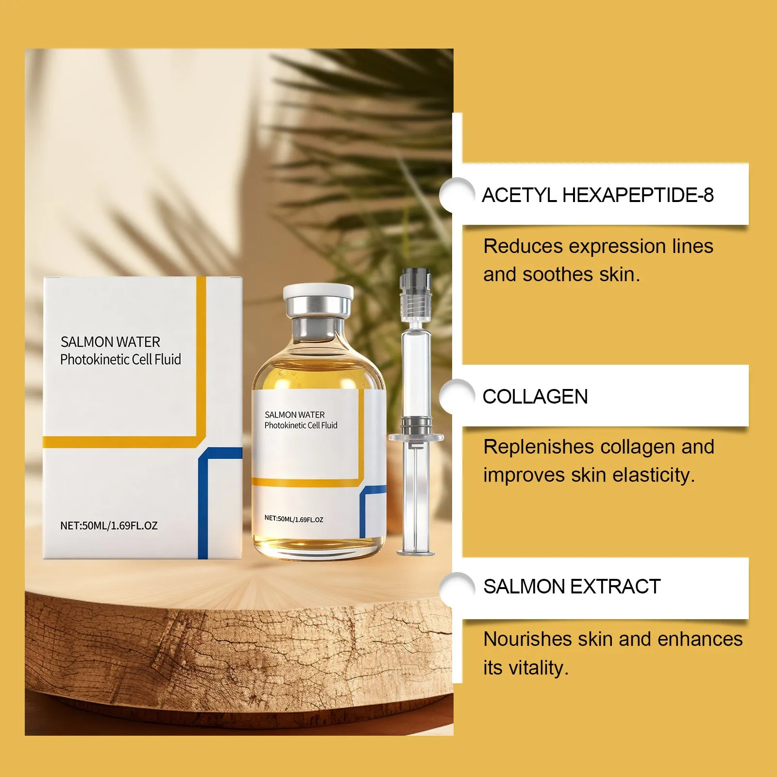50ml facial essence ampoule tube with collagen, salmon extract, and glass bottle