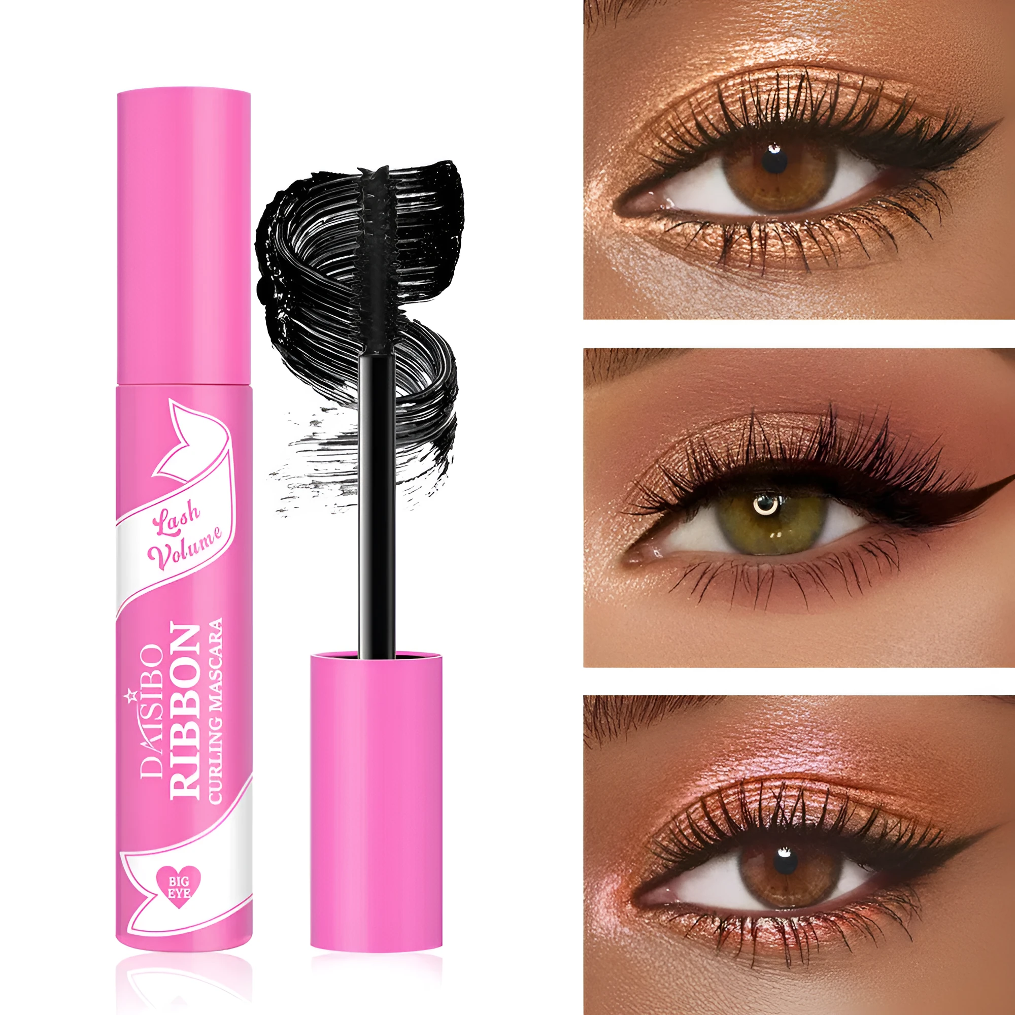 Pink tube of long thick curling mascara with not smudge formula 10ml