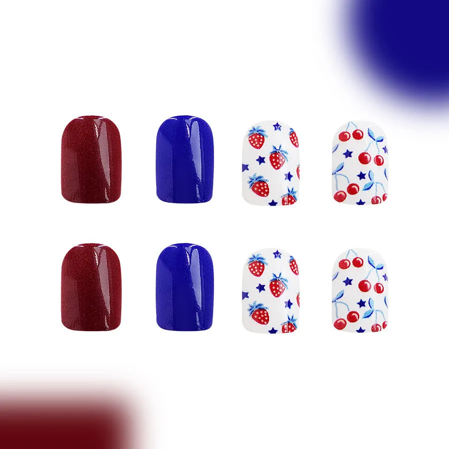 Short glossy red and blue strawberry cherry design nail stickers, 24 pieces.