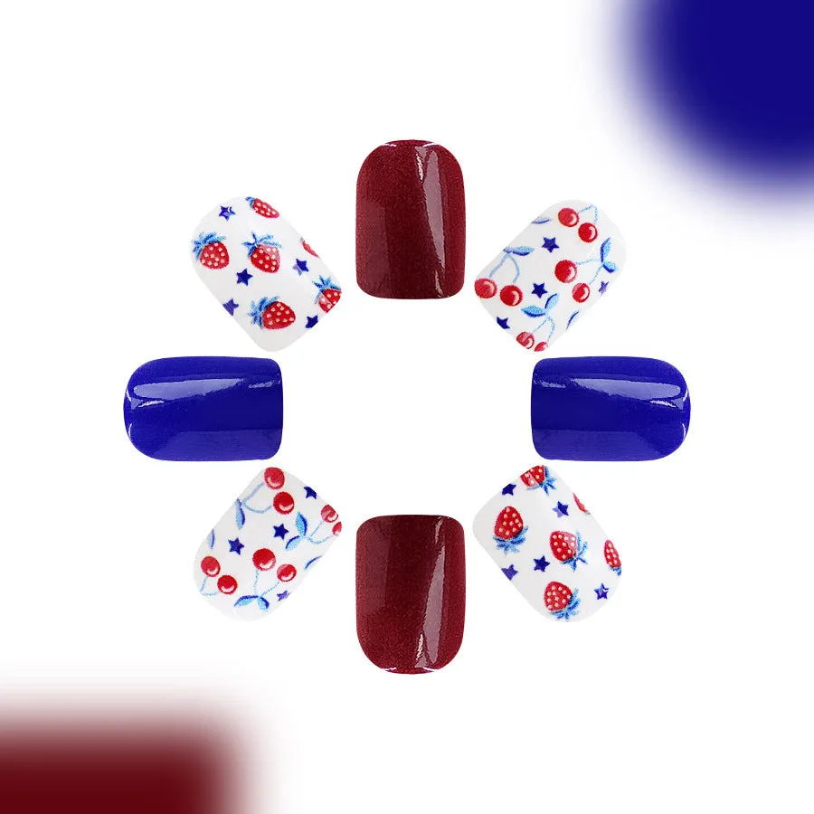 Short glossy red and blue strawberry cherry design nail stickers, 24 pieces.
