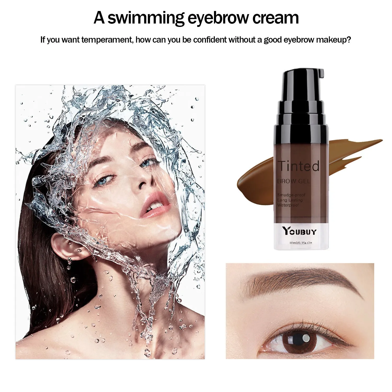 Waterproof brow cream tube in dark grey or golden yellow shades with eyebrow dye formulation