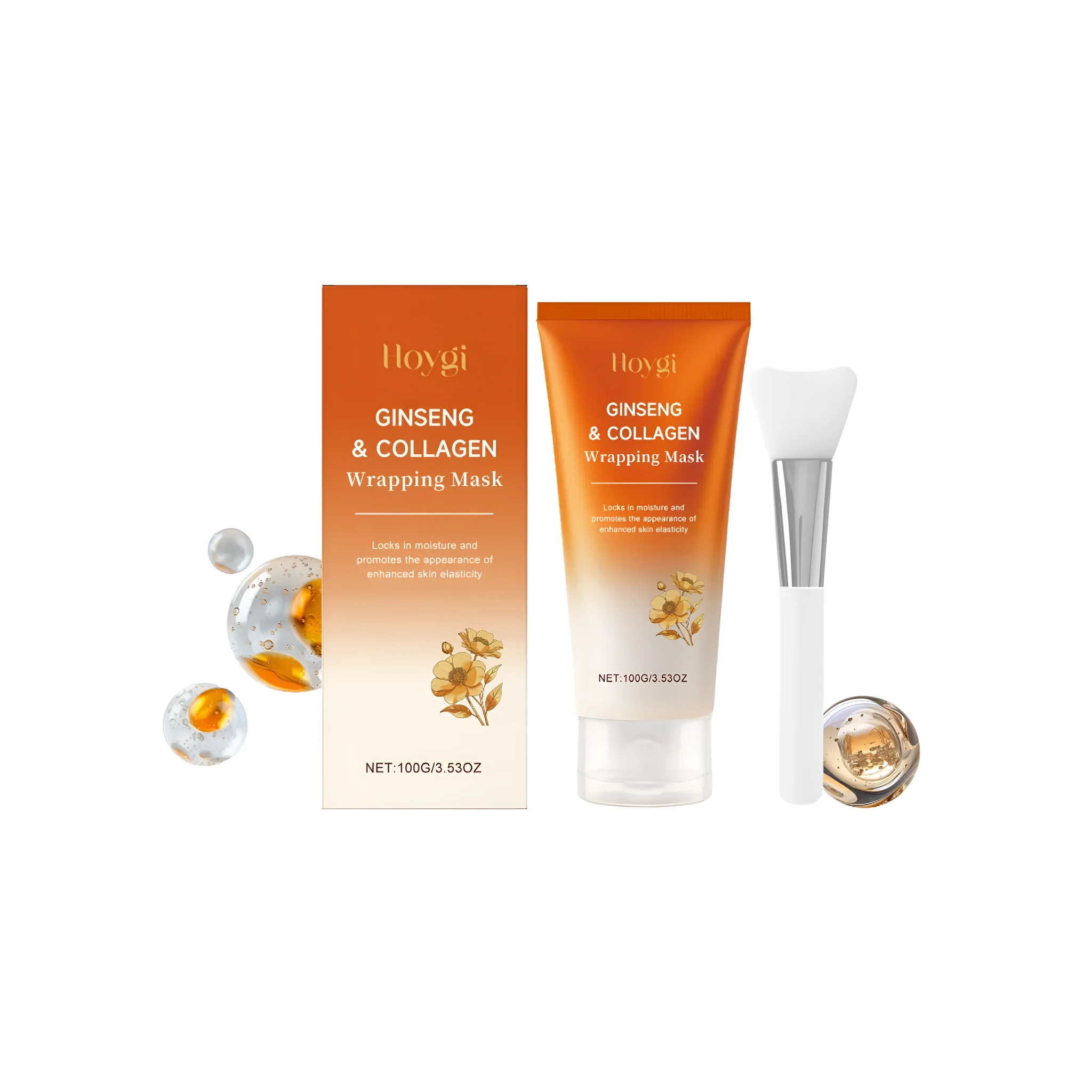 HOYGI collagen tear mask 100g jar with brush, peel-off formula with ginseng and coffee extracts
