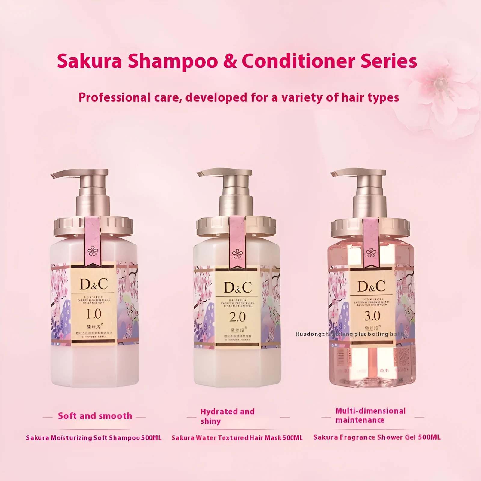 Sakura Blossom shampoo, hair mask, and shower gel set with three 500ml bottles.