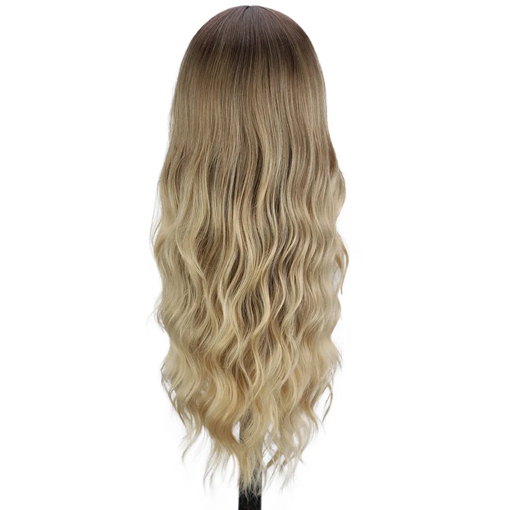 Front lace wig with medium large wavelength curly hair and long bangs for ladies in style shown