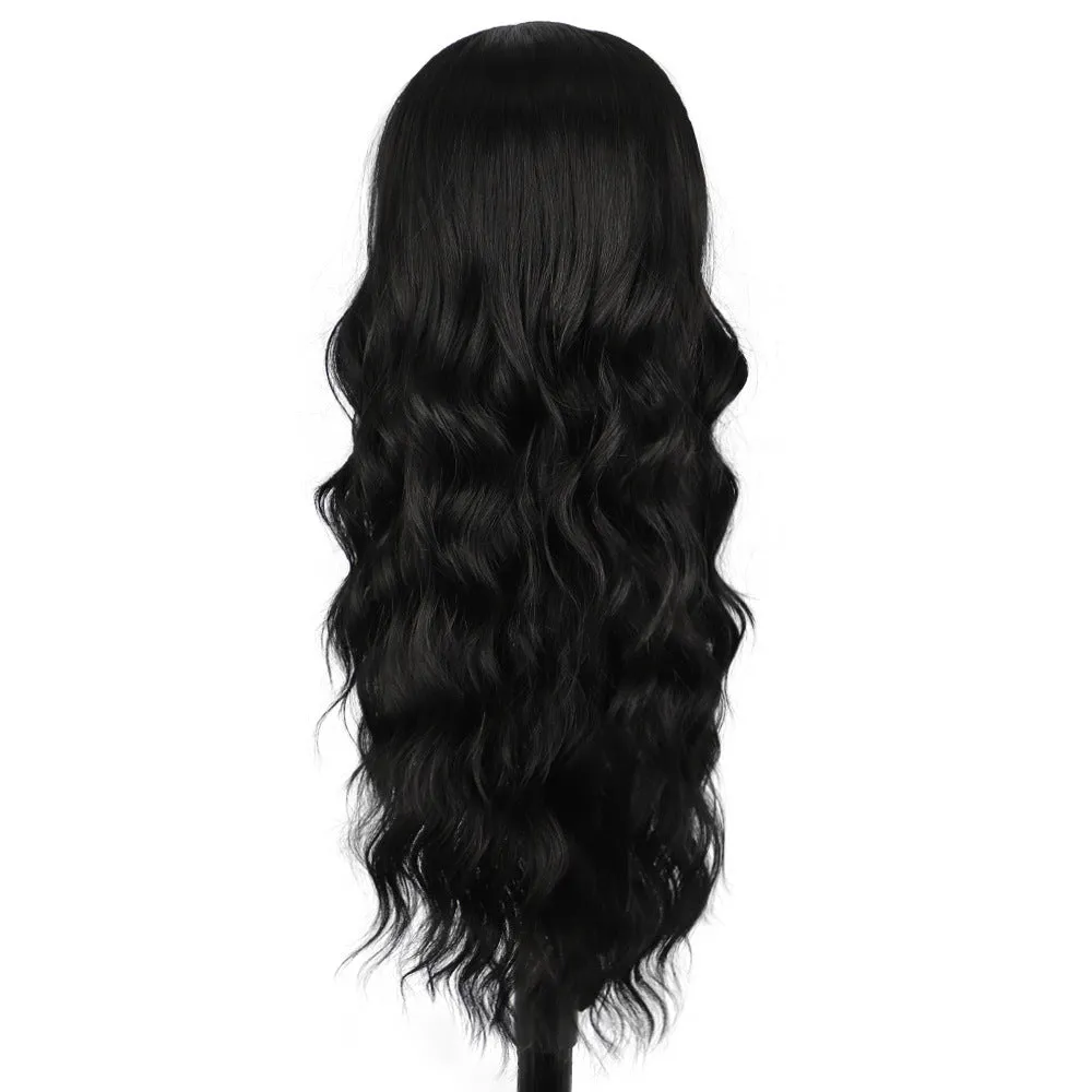 Front lace wig with medium large wavelength curly hair and long bangs for ladies in style shown
