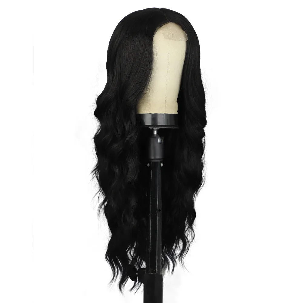 Front lace wig with medium large wavelength curly hair and long bangs for ladies in style shown