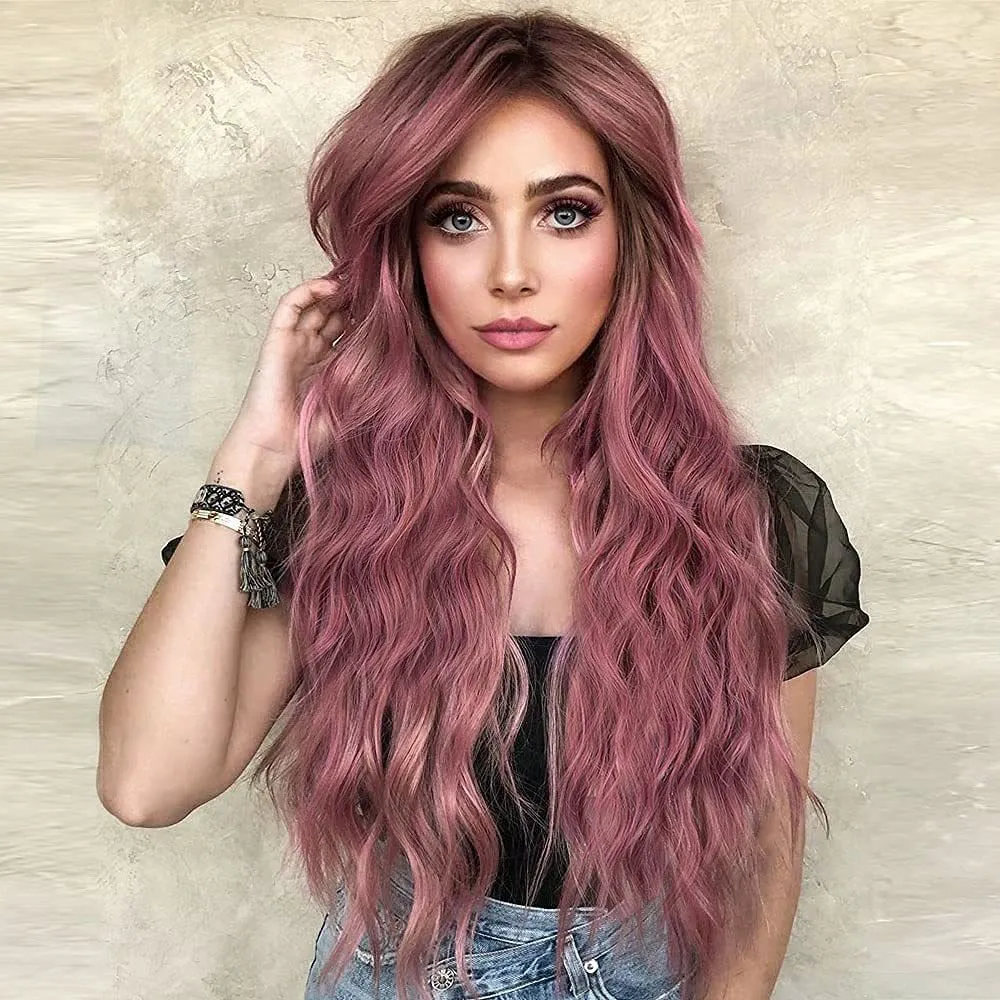 Front lace wig with medium large wavelength curly hair and long bangs for ladies in style shown