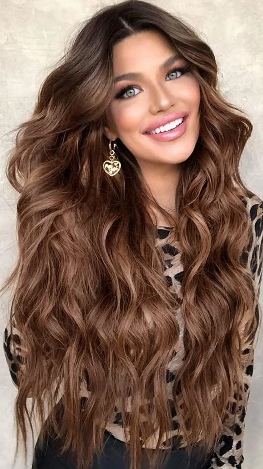 Front lace wig with medium large wavelength curly hair and long bangs for ladies in style shown