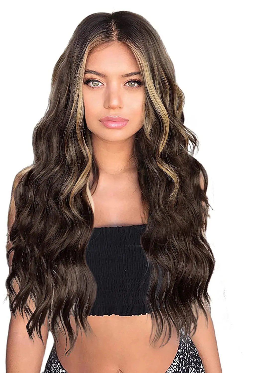 Front lace wig with medium large wavelength curly hair and long bangs for ladies in style shown