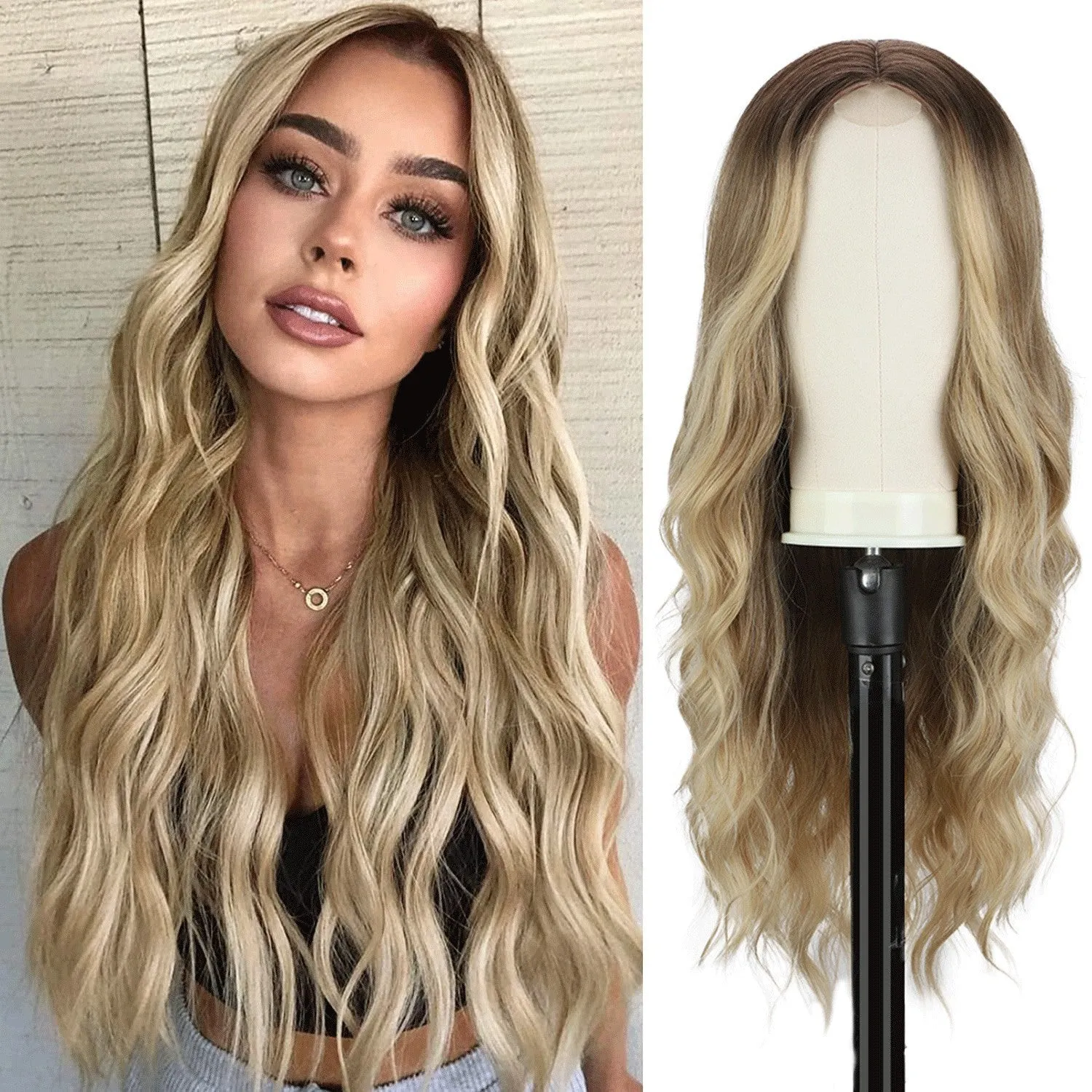 Front lace wig with medium large wavelength curly hair and long bangs for ladies in style shown