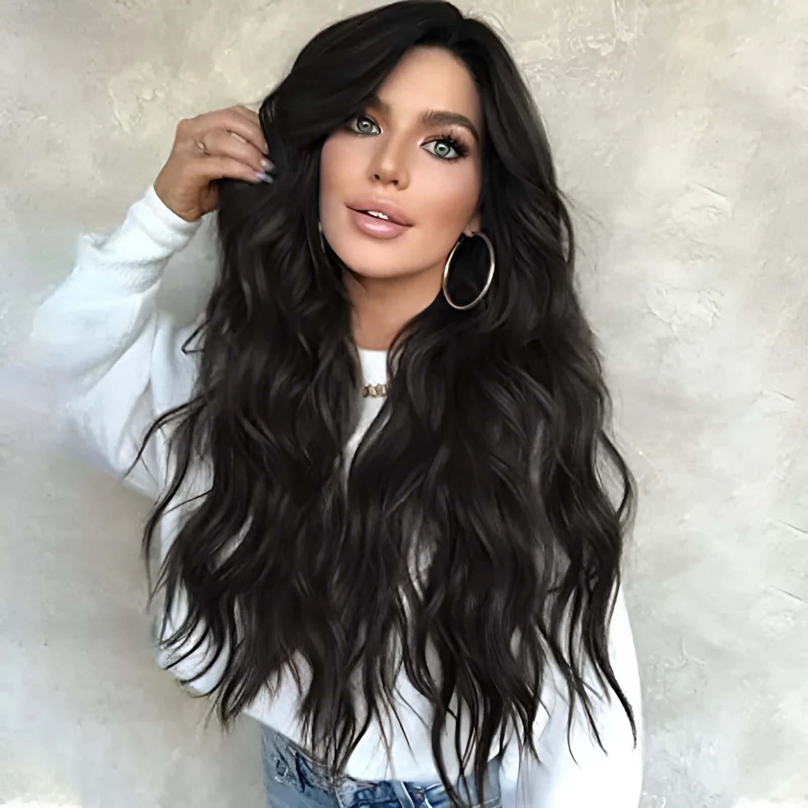 Front lace wig with medium large wavelength curly hair and long bangs for ladies in style shown