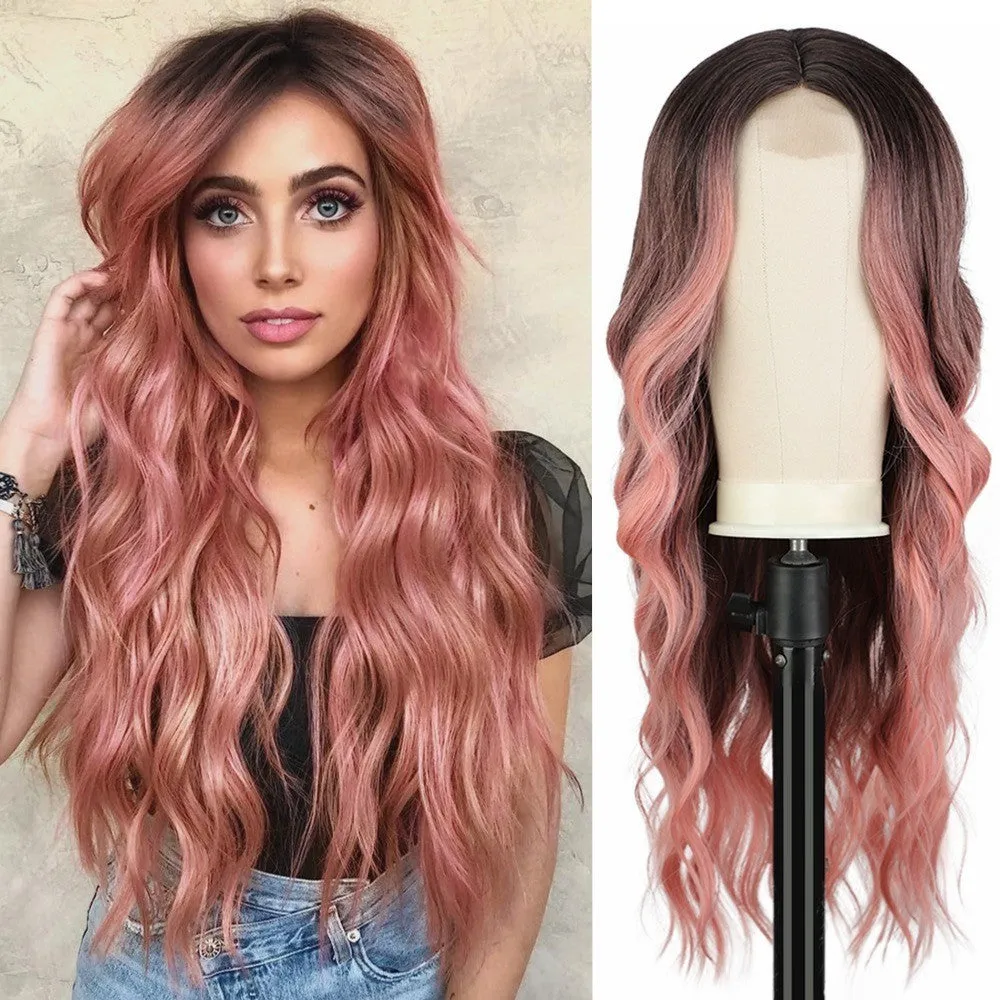 Front lace wig with medium large wavelength curly hair and long bangs for ladies in style shown