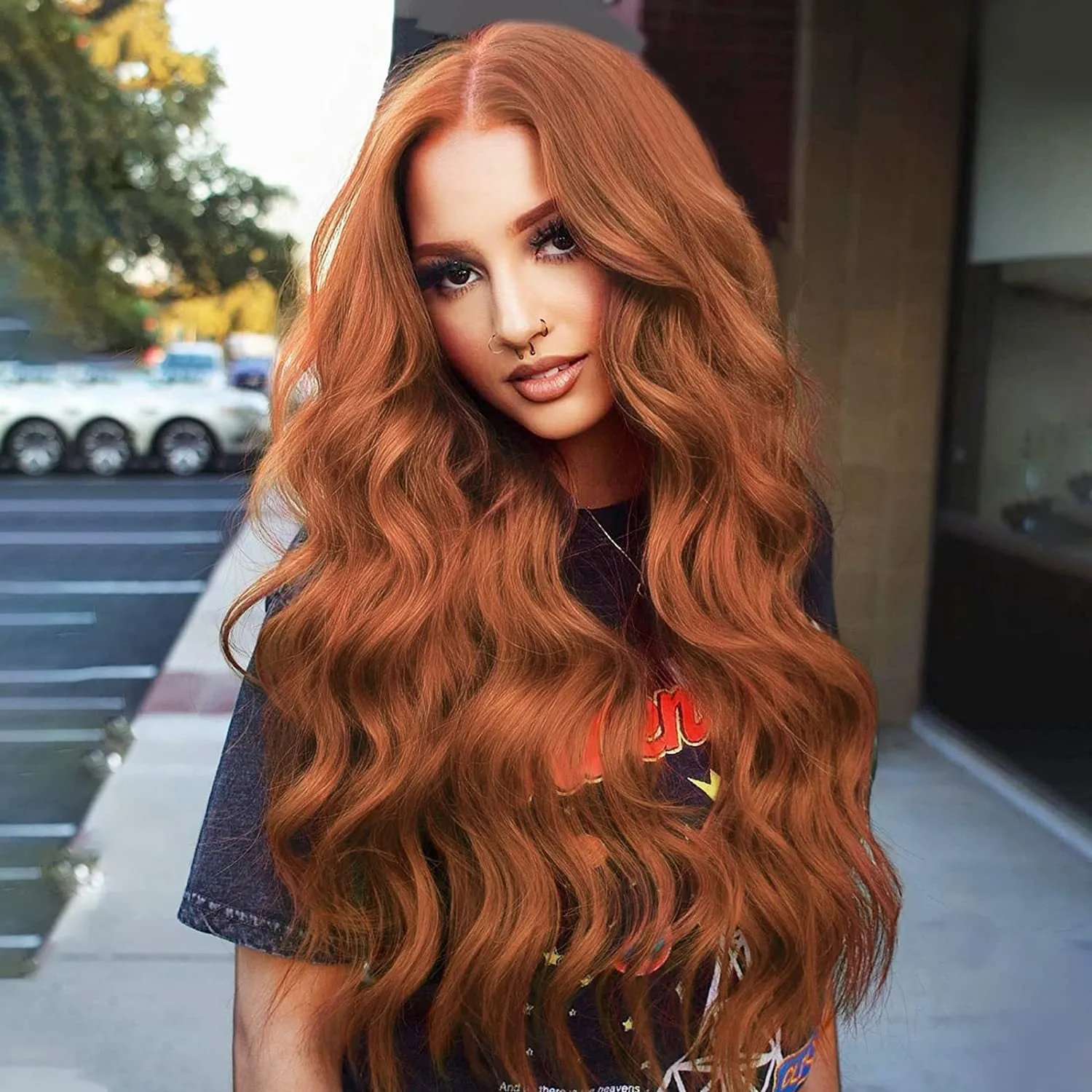 Front lace wig with medium large wavelength curly hair and long bangs for ladies in style shown