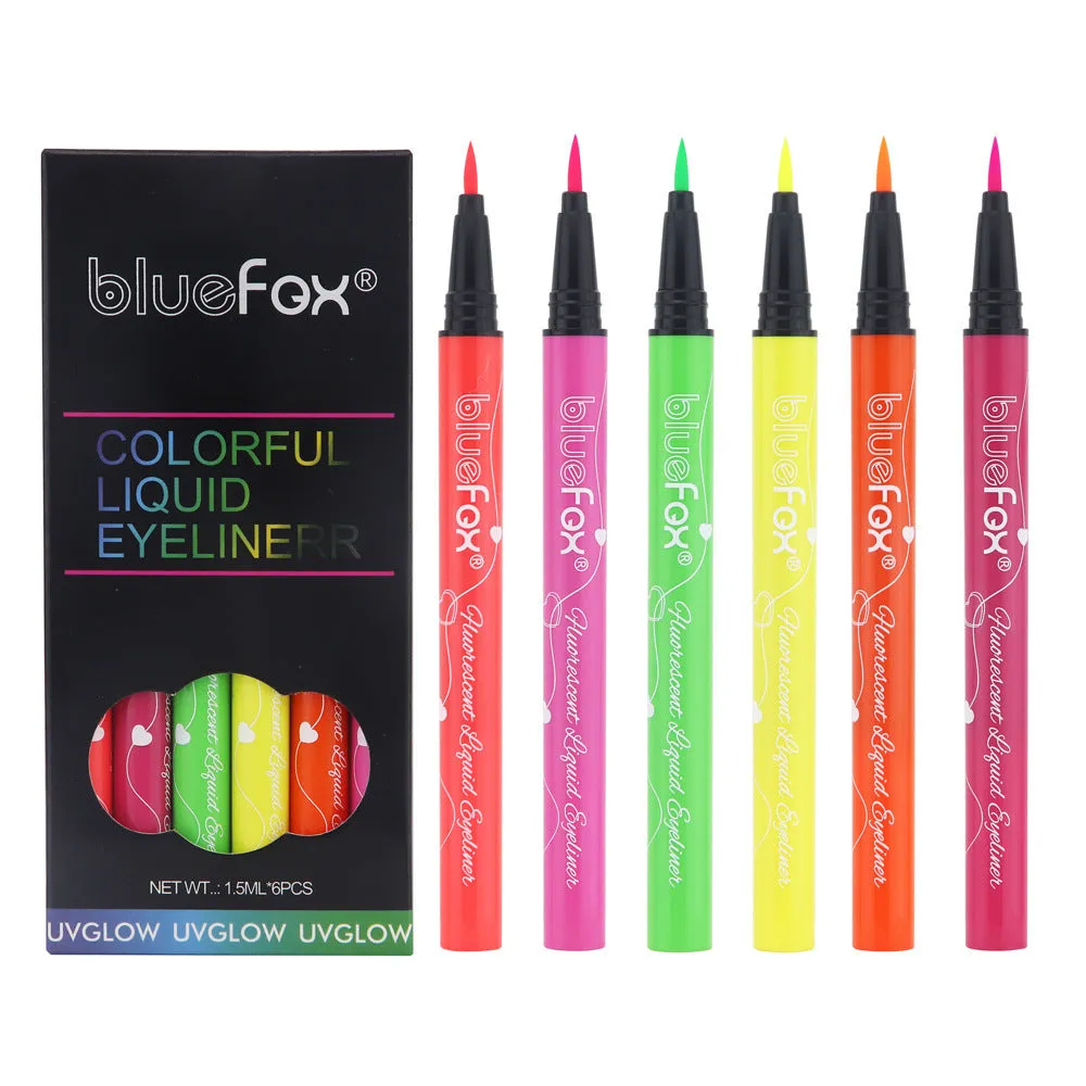 Set of six 1.5ml fluorescent liquid eyeliners in assorted colours including black, brown, purple, and watermelon red.