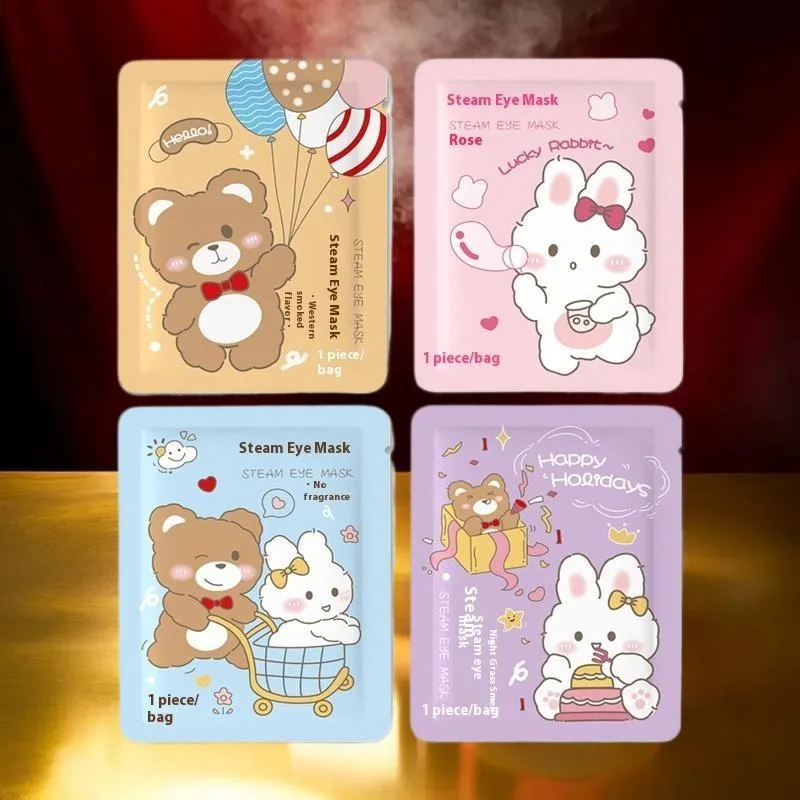 Cartoon steam eyeshade with rabbit and bear design, hot compress cotton eye mask for eye fatigue relief