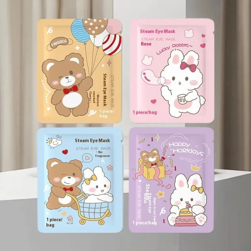 Cartoon steam eyeshade with rabbit and bear design, hot compress cotton eye mask for eye fatigue relief