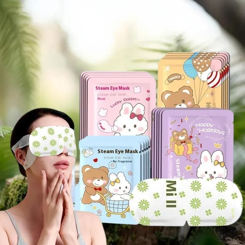 Cartoon steam eyeshade with rabbit and bear design, hot compress cotton eye mask for eye fatigue relief
