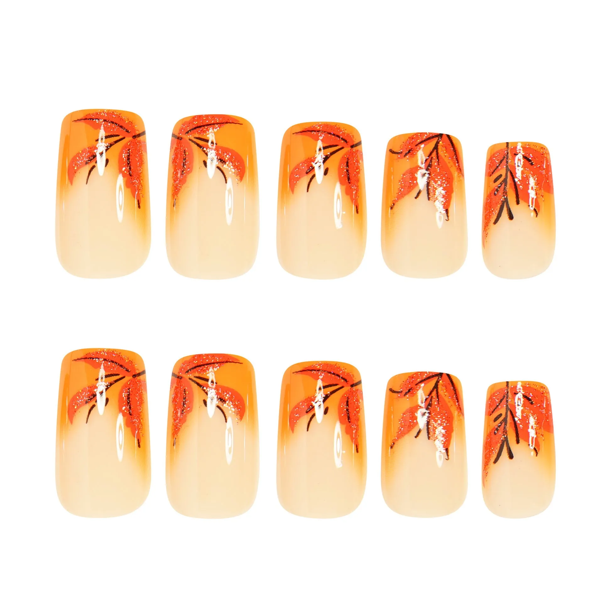 Red brown gradient leaf French style fake nails on hand, medium size, W926 model