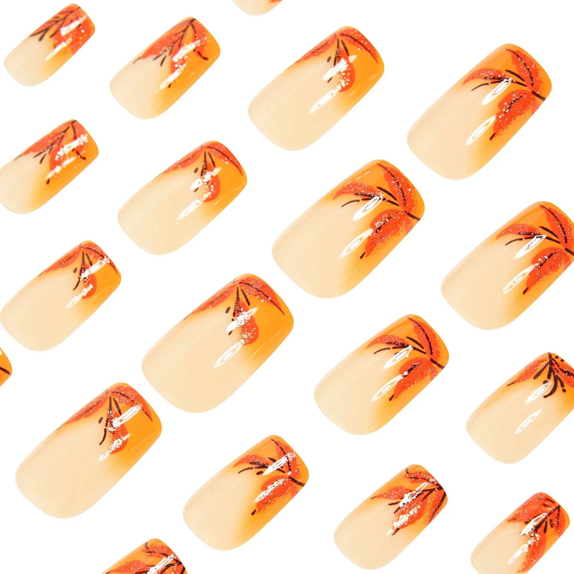 Red brown gradient leaf French style fake nails on hand, medium size, W926 model