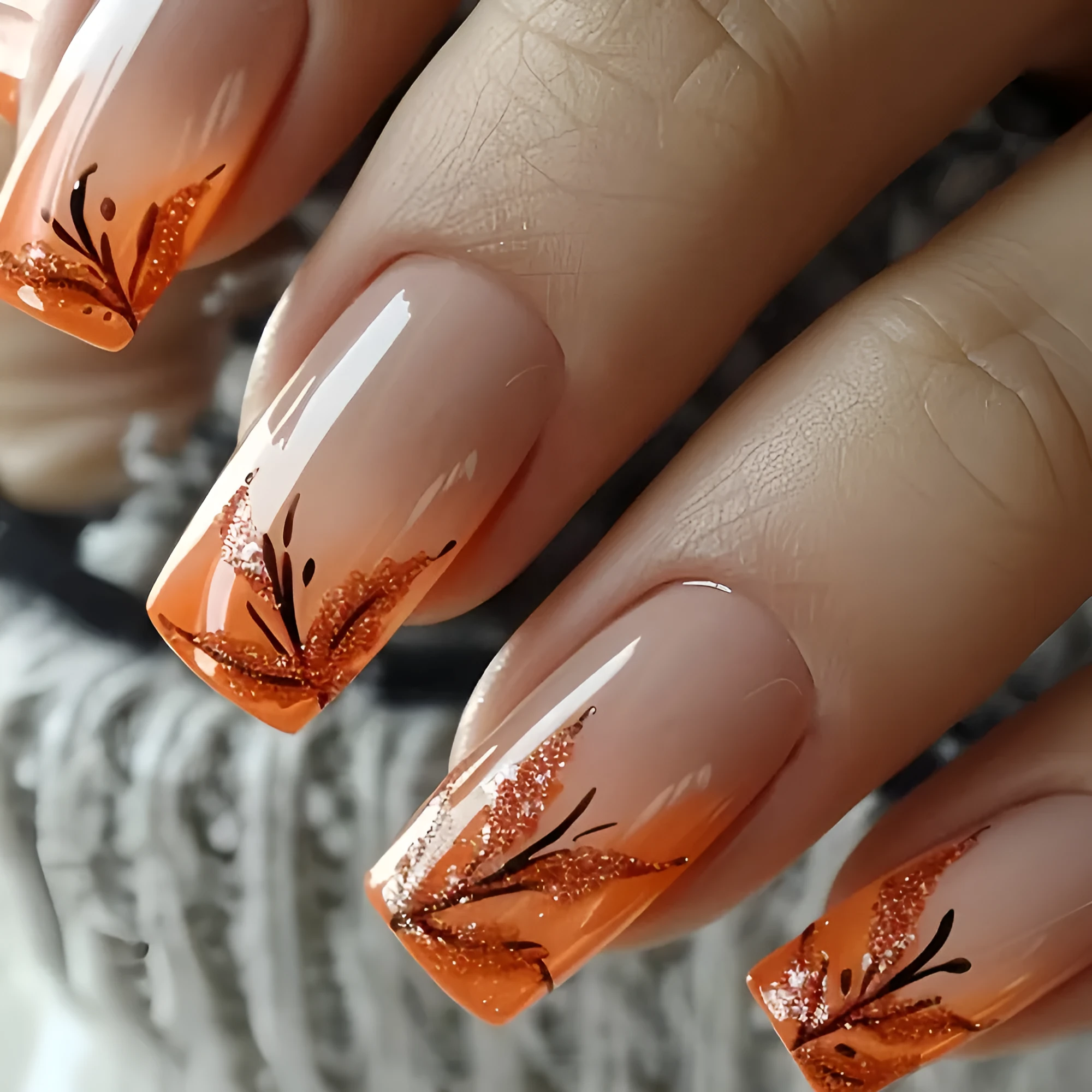 Red brown gradient leaf French style fake nails on hand, medium size, W926 model