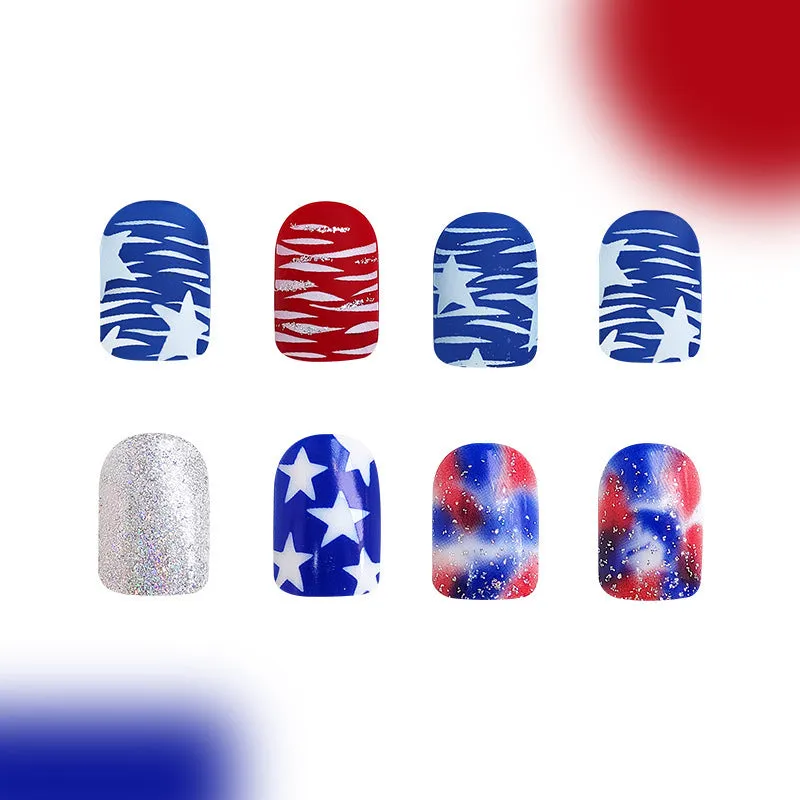 False nail tips with red and blue glitter multicolour finish in Independence Day holiday theme