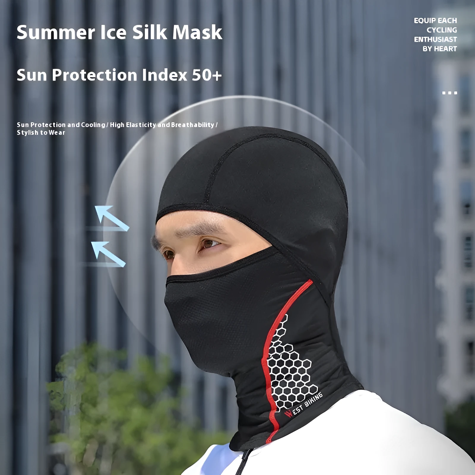 Black full face ice silk sunscreen riding mask on white background