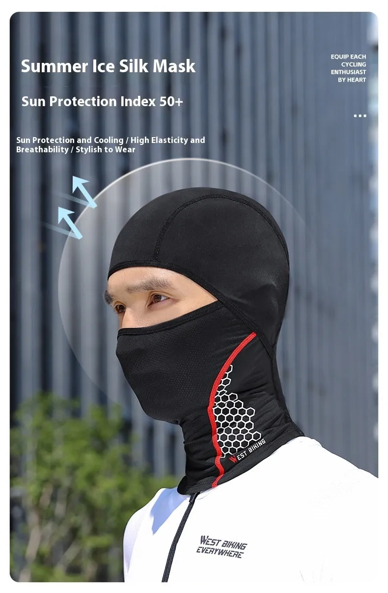 Black full face ice silk sunscreen riding mask on white background
