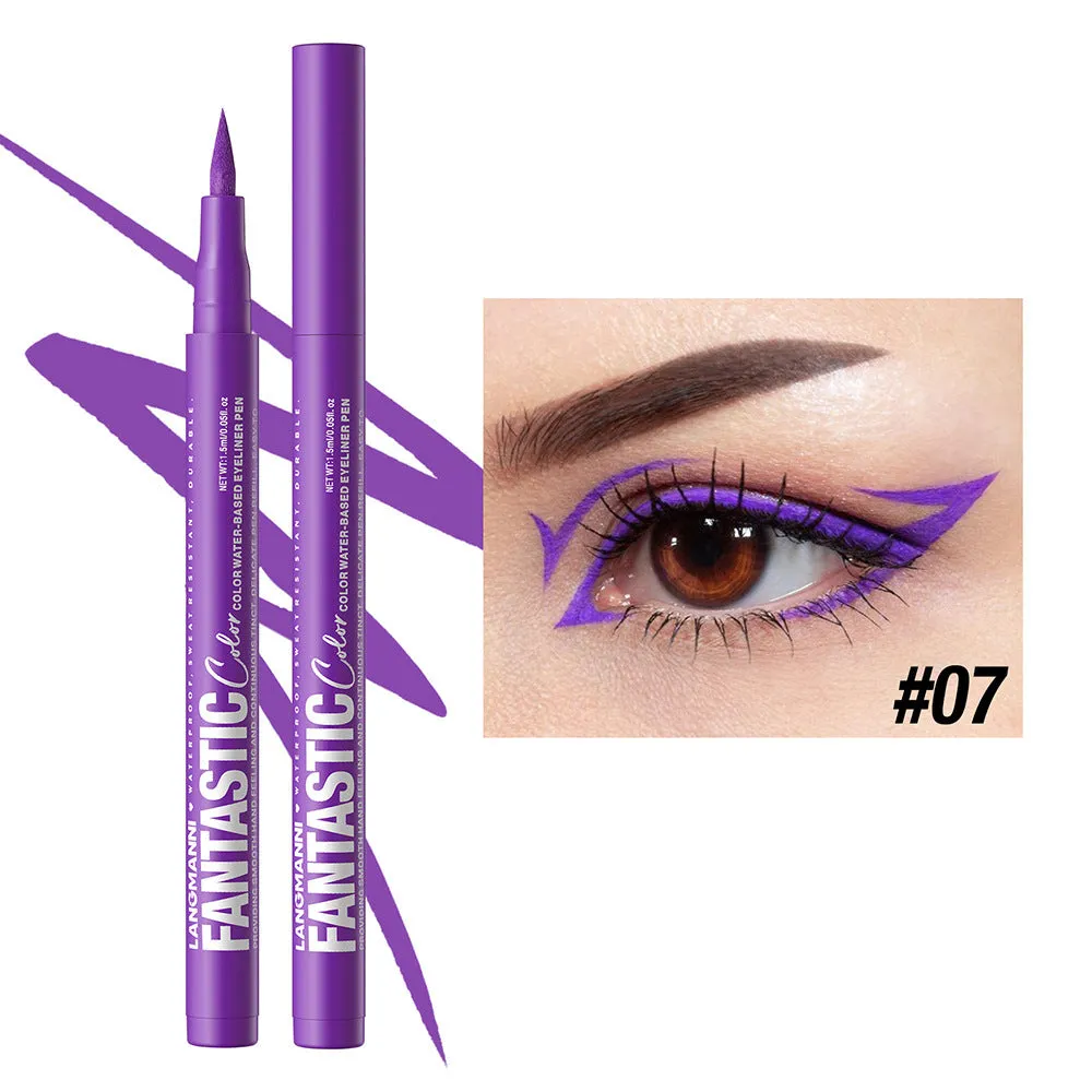 Matte anti-smudge liquid eyeliner in twelve colours including white, gold, purple, brown, blue, and iron grey