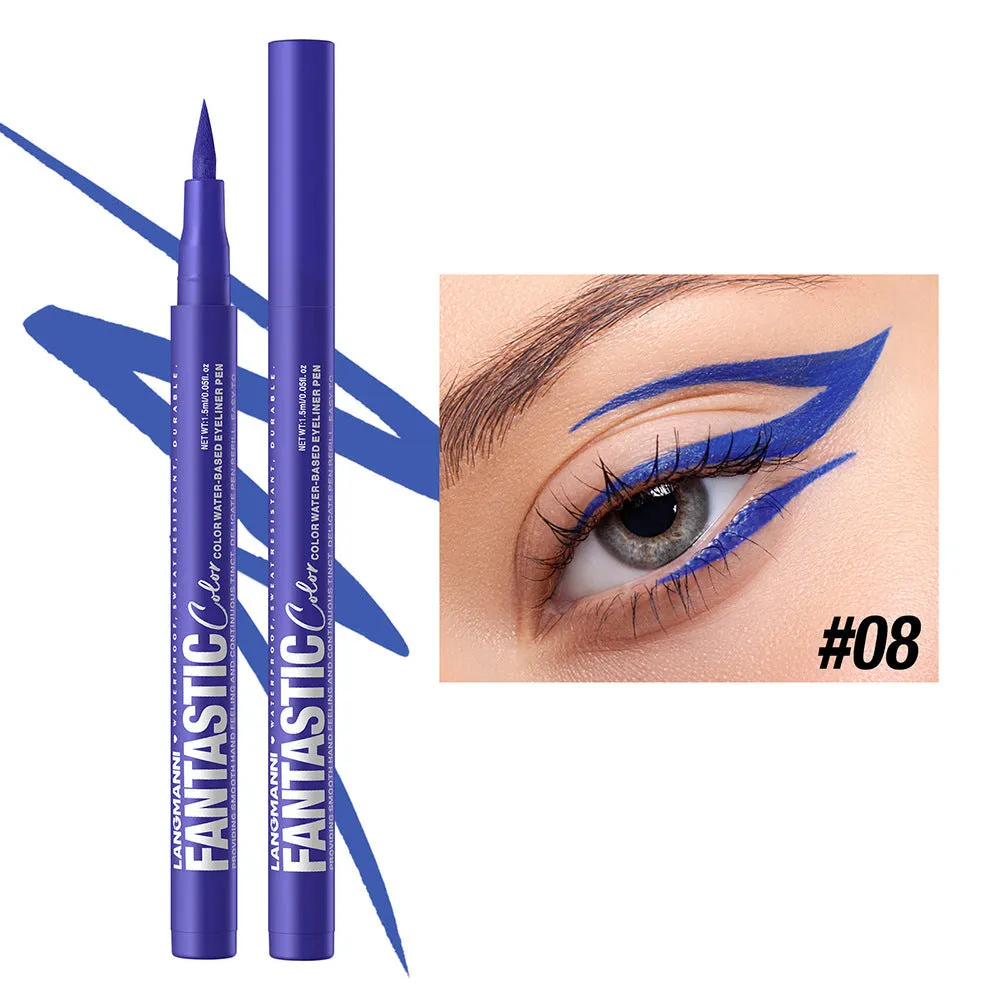 Matte anti-smudge liquid eyeliner in twelve colours including white, gold, purple, brown, blue, and iron grey
