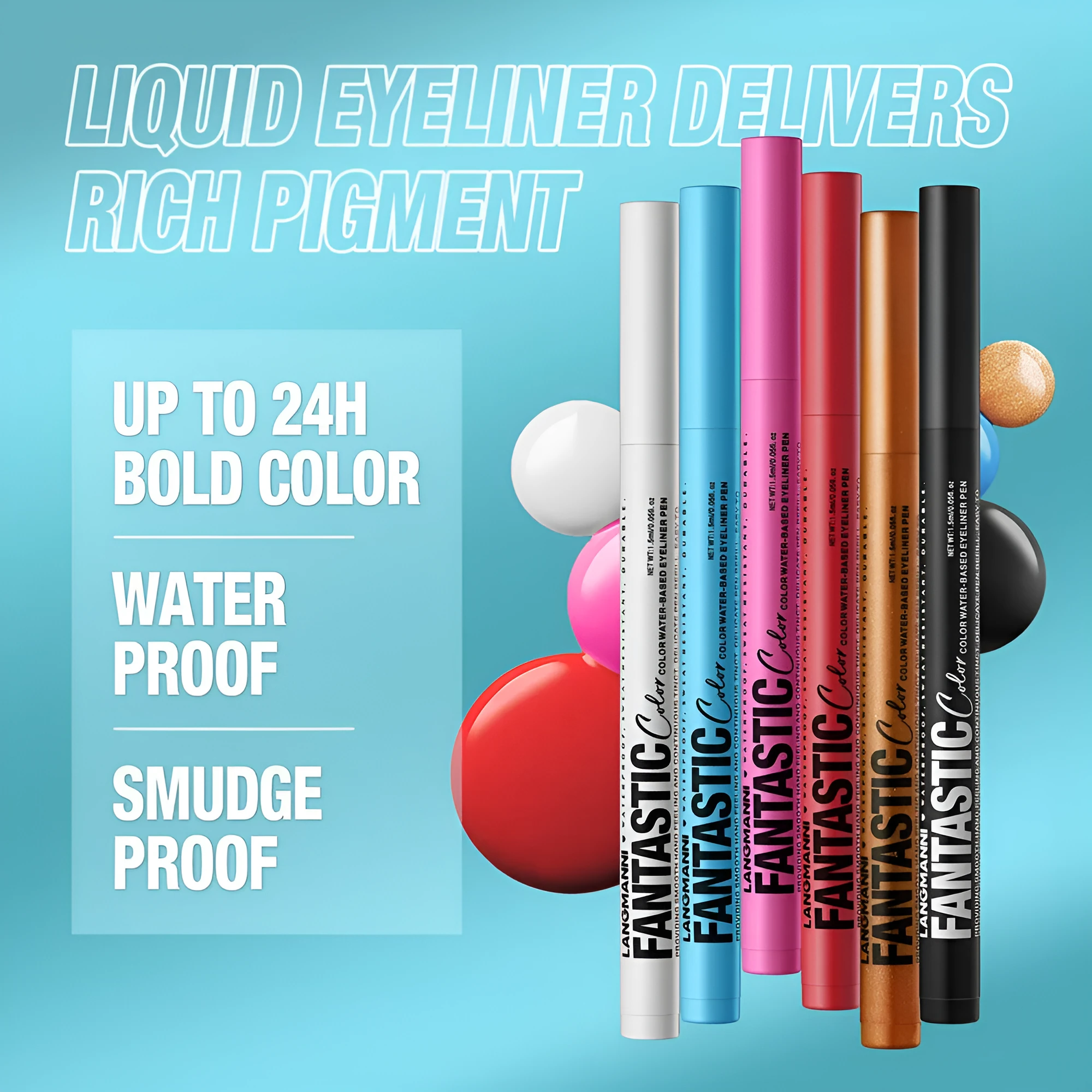 Matte anti-smudge liquid eyeliner in twelve colours including white, gold, purple, brown, blue, and iron grey