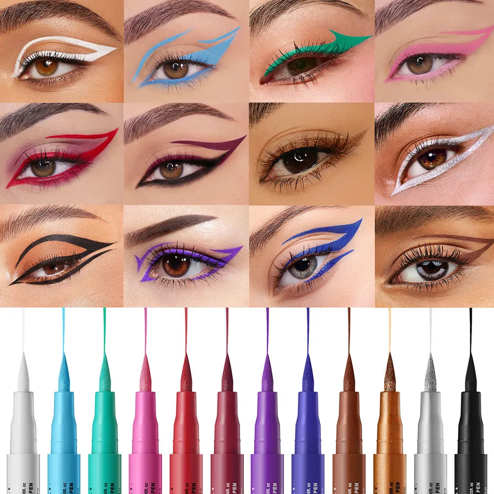 Matte anti-smudge liquid eyeliner in twelve colours including white, gold, purple, brown, blue, and iron grey