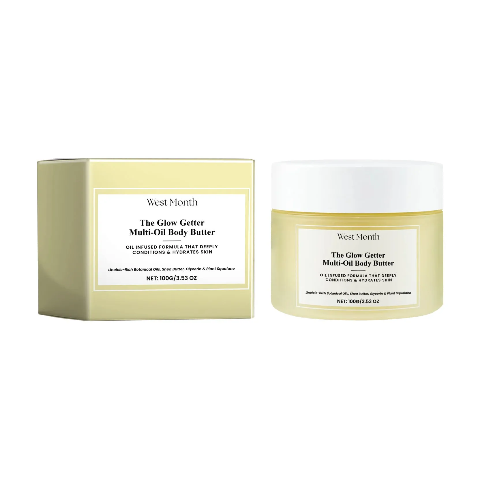 Body care kit containing 100ml skincare oil bottle and 100g moisturising cream jar