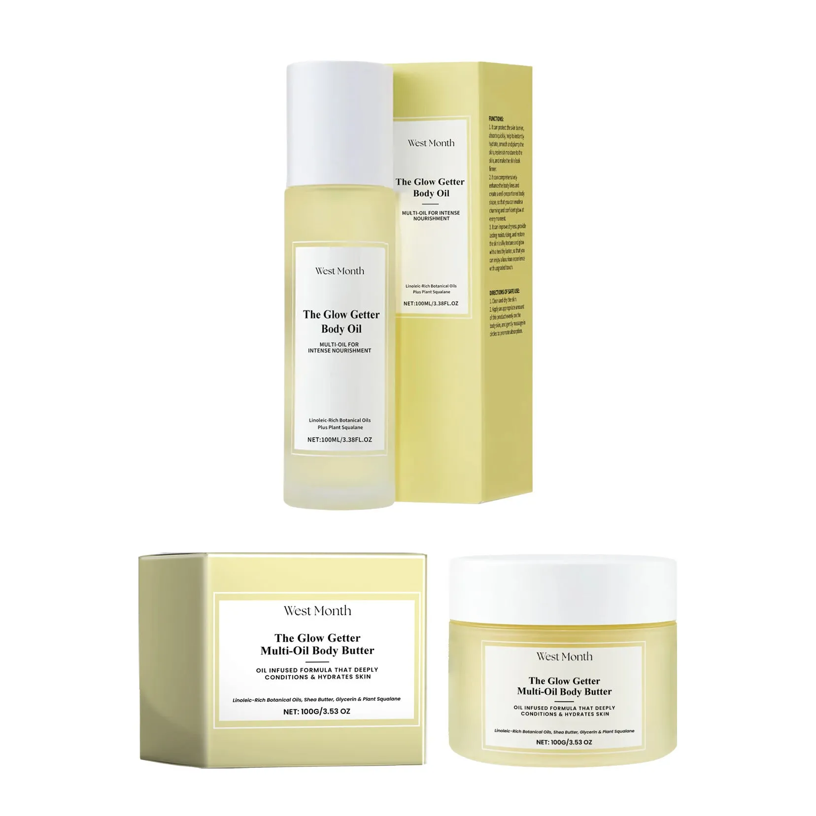Body care kit containing 100ml skincare oil bottle and 100g moisturising cream jar