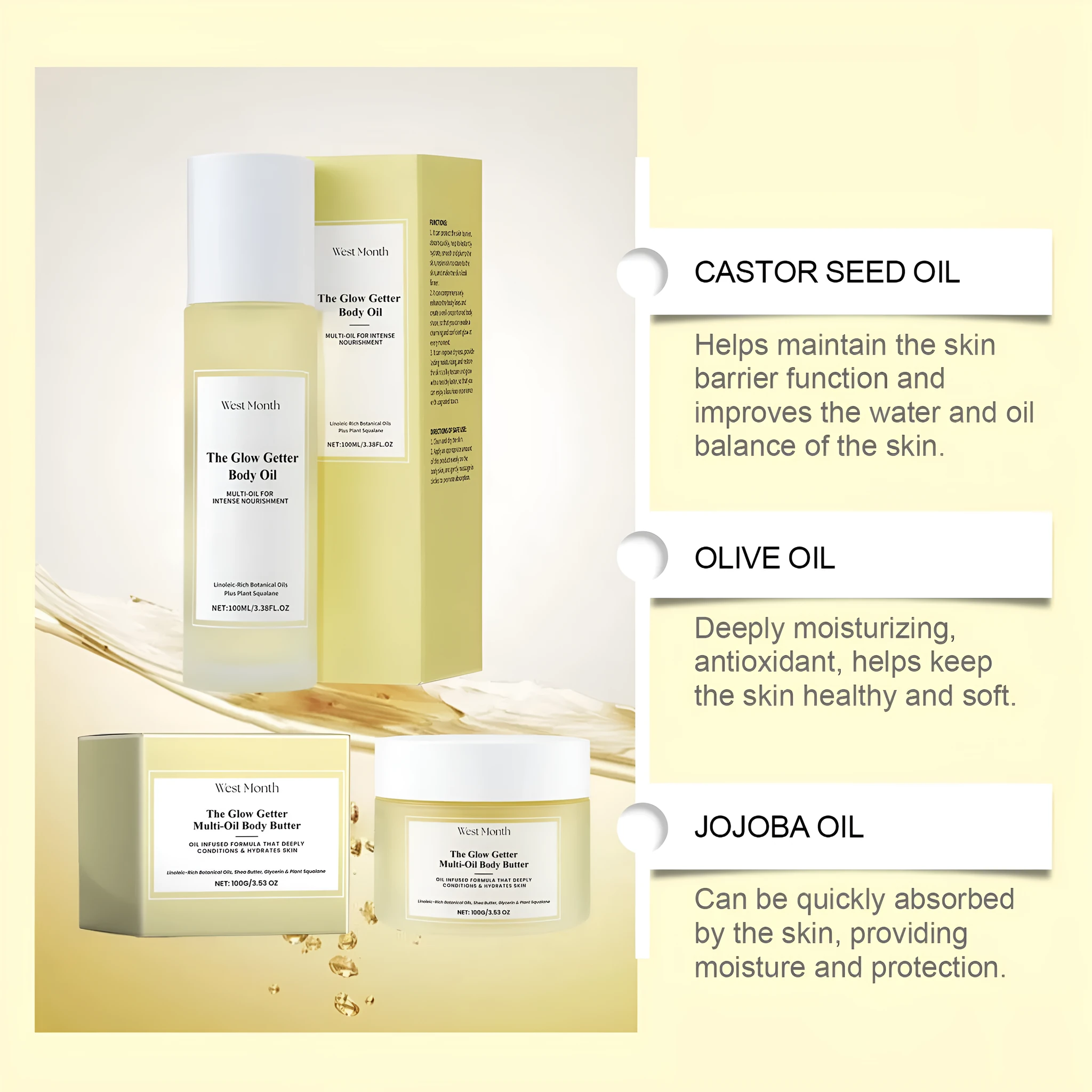 Body care kit containing 100ml skincare oil bottle and 100g moisturising cream jar
